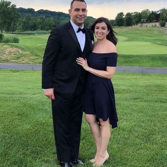 Sarin Mathews Off Shoulder Navy Cocktail Dress M | High Low Skater Style - Picture 5 of 5